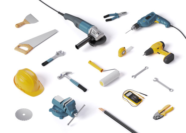 头盔，钻头等施工工具，3D插图图片下载