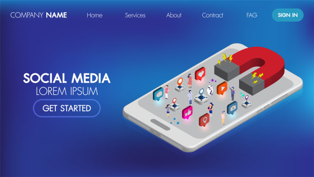 社交媒体营销等距登陆页与字符。磁铁营销广告信息概念。矢量网站模板与3d插画策略，线条艺术图片下载