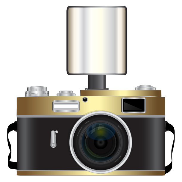 金盒子的相机。逼真的复古相机与闪光灯。矢量插图。图片下载