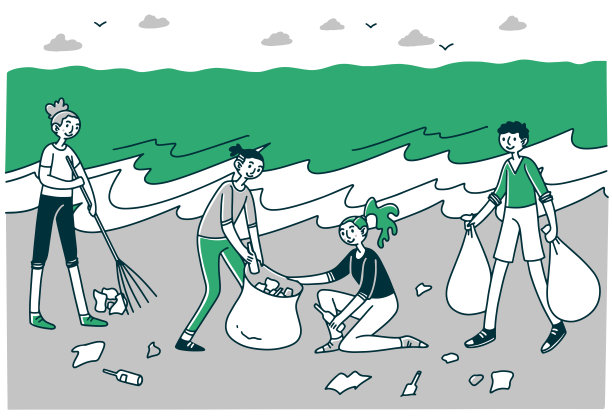 年轻的志愿者在海滩上整理垃圾图片下载