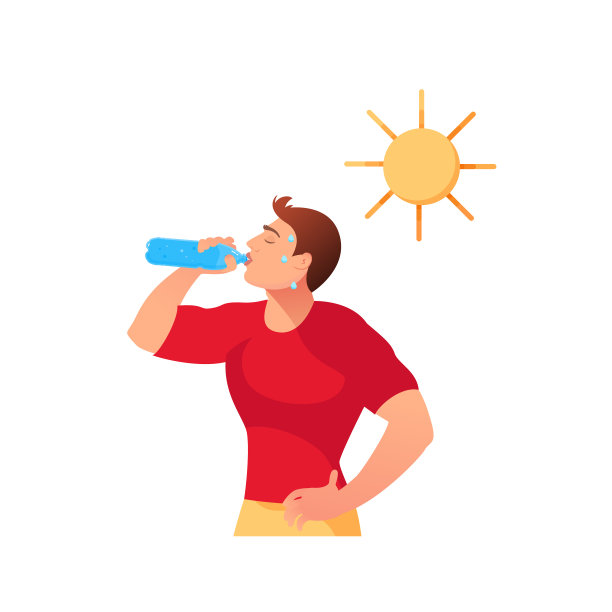 卡通青年在太阳下喝水。酷热的概念。矢量图图片下载