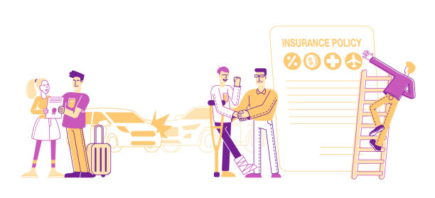 生命财产安全保障。填写意外保险表格。代理人与客户握手，男女持有保单。健康保护卡通平面矢量插图，线条艺术图片下载