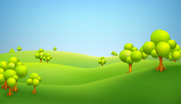 森林和野外清晰的自然景观3d矢量插图。夏天,春天的背景。绿色草地宁静的广告，促销，海报，印刷，网页设计。儿童卡通户外全景素材图片