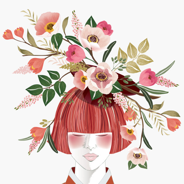 矢量插图的短发女孩与花在她的头上，韩国传统容器装饰与花。图片下载
