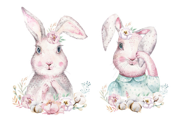 手绘复活节水彩卡通兔子与树叶，树枝和羽毛。靛蓝水彩兔子节日插画复古波西米亚风格。兔子卡片。图片下载
