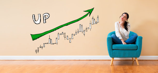 市场向上的趋势图表与女性在深思熟虑的姿势图片下载