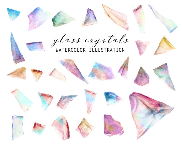 玻璃碎片。晶体集合。矿物，宝石和钻石孤立的水彩设置在白色的背景图片下载