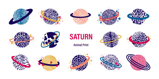 向量空间。卡通彩色土星行星系列。涂鸦抽象幻想星球与野生动物打印皮肤图片下载