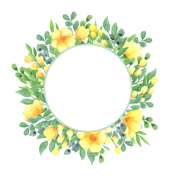 水彩插图圆形框架与黄色的花和绿色的叶子图片下载