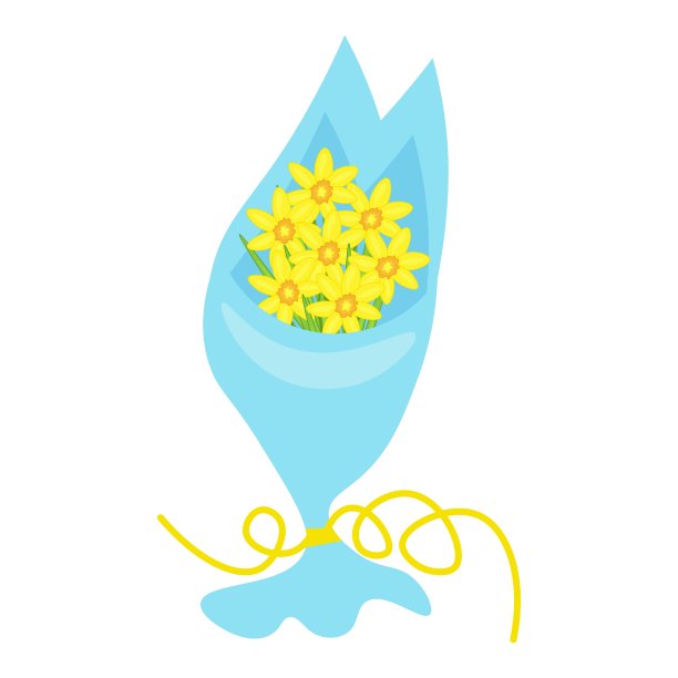 花束与春天黄色水仙花在一个蓝色的包装孤立在白色的背景。股票矢量插图装饰和设计，包装，织物，明信片，网页，妇女节图片下载