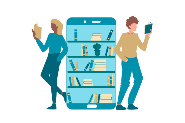 男孩和女孩用智能手机在网上读书。在线图书馆的概念。图片下载