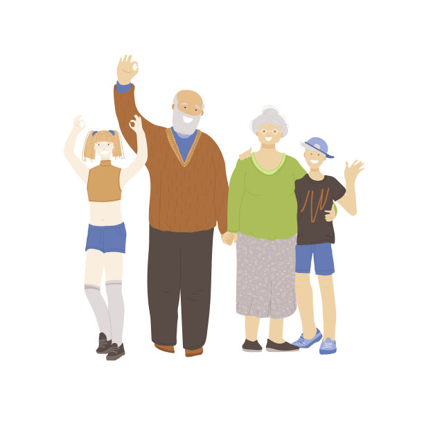 快乐的不同一代的家庭，有年长的父母，祖母和祖父，还有两个十几岁的男孩和女孩，握手和挥手欢呼，显示OK的标志。快乐的家庭的概念。图片下载