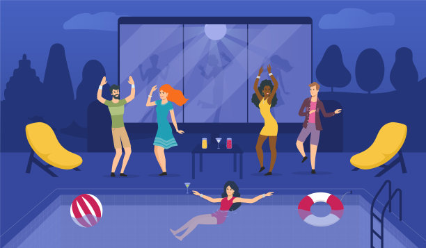 狂欢者在私人派对上跳舞和游泳图片下载