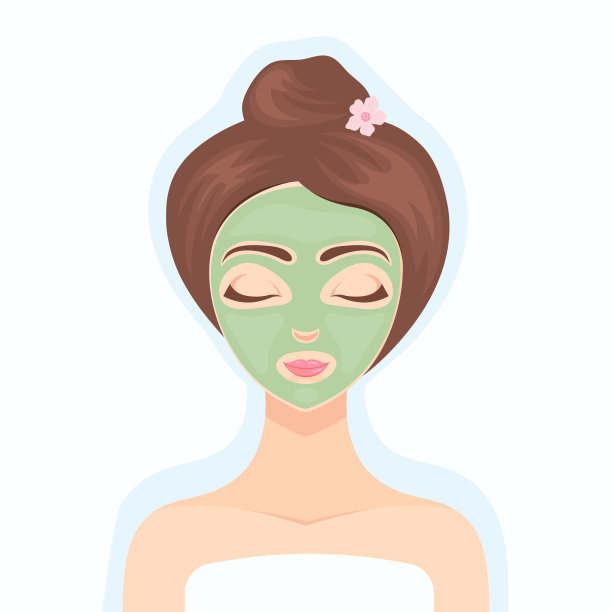 美丽的女孩用绿色胶原面膜做整容手术。美容产品。胶原蛋白化妆品。用于皮肤护理的水疗面膜。美容治疗。矢量平面插图图片下载
