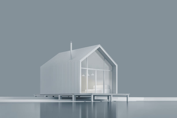 该项目是斯堪的纳维亚生态友好的北方风格的现代小屋，湖上的高屋顶采用白色材料，带有日光和3D插图。股票插图。图片下载