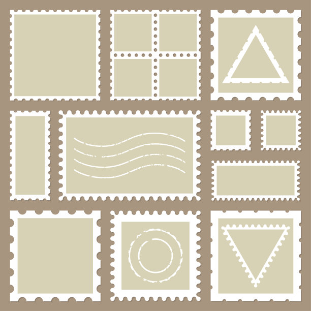 空白的矩形和方形邮票，在米色背景上有一个孤立的阴影。空模板纸标记传递信件的符号。向量帧边界图片下载