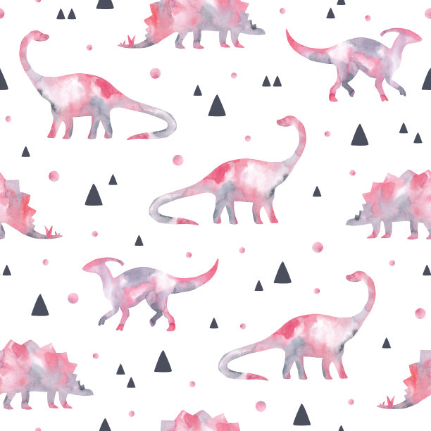 水彩幼稚无缝图案与恐龙剪影。图片下载