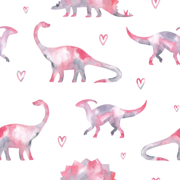 水彩儿童无缝图案与恐龙和心形。图片下载