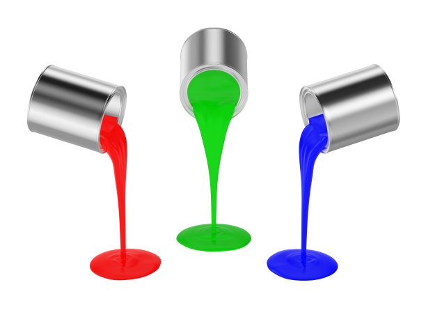 油漆罐现实。RGB颜色概念。金属锡容器浇注红色，绿色，蓝色孤立在白色背景图片下载