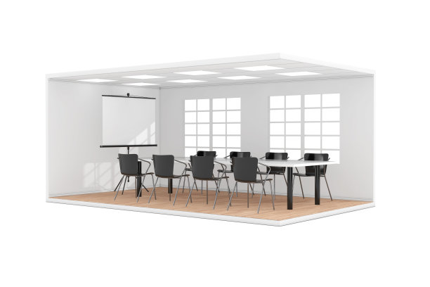 商务会议室内设大窗户，投影屏幕，桌椅和木地板。3d渲染图片下载