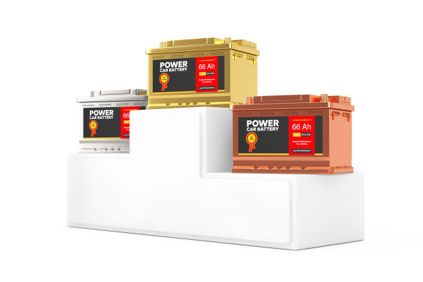 金，银和铜可充电汽车电池12V蓄电池与抽象标签在运动冠军讲台基座。3d渲染图片下载