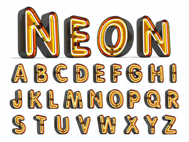 字母表霓虹灯3d渲染在白色的背景。图片下载