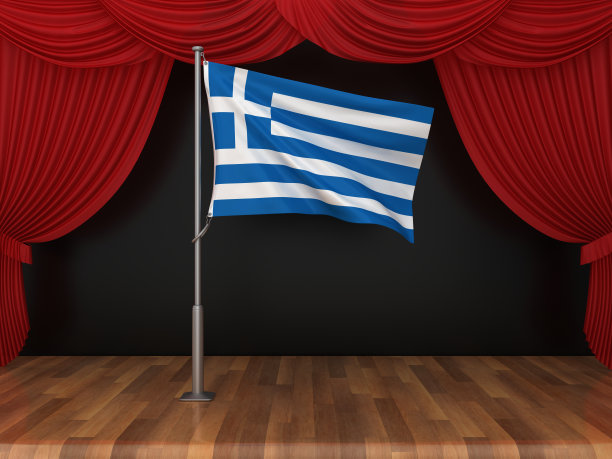 希腊国旗与红色舞台窗帘- 3D渲染图片下载