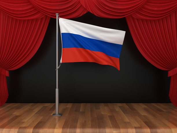俄罗斯国旗与红色舞台窗帘- 3D渲染图片下载