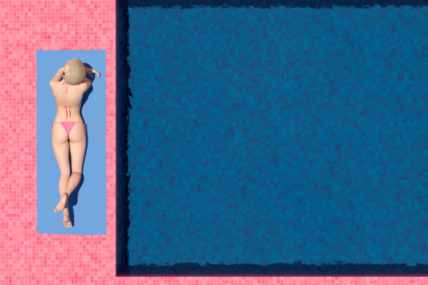 性感的女孩在一个粉红色的比基尼日光浴在游泳池，夏天的概念图片下载