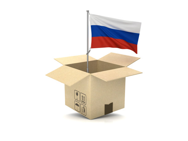 俄罗斯国旗在纸板箱- 3D渲染图片下载