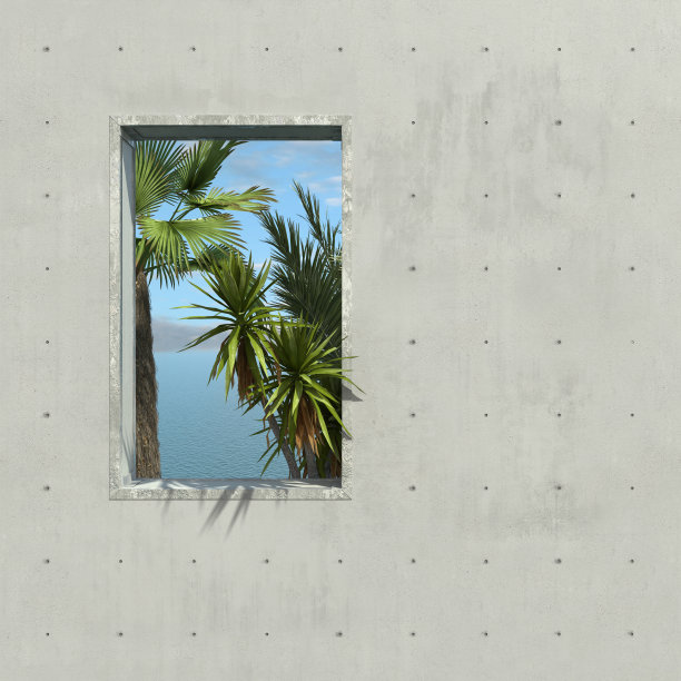棕榈树、大海和晴朗的天空可以从混凝土墙的开窗处看到。城市生活与自然的对比。概念创意插图与复制空间。3 d渲染。图片下载