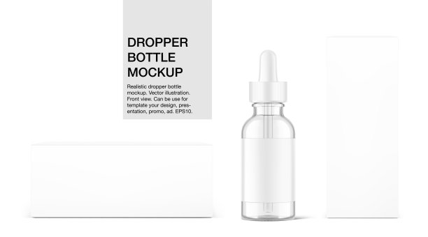 现实的纸板包装盒模型与滴管瓶模型隔离在白色的背景。图片下载