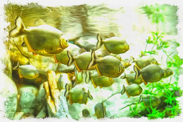 模仿一幅画。油漆。呈现。一群食人鱼图片下载