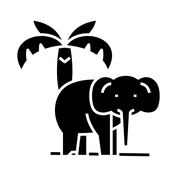 大象度假村黑色图标、概念插图、矢量平面符号、象形符号图片下载