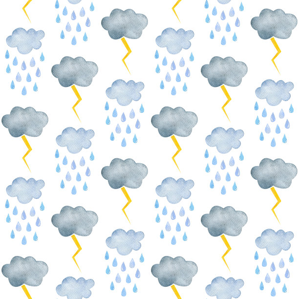 水彩云，闪电和雨滴无缝模式的白色背景图片下载