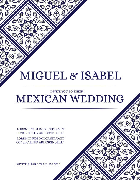 传统墨西哥婚礼邀请卡模板向量。复古花瓷砖图案与白色和海军蓝。几何背景图片下载