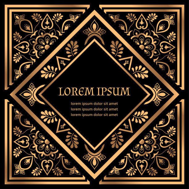 豪华皇家图案瓷砖矢量框架。阿拉伯民族标签。金黑色的设计图片下载