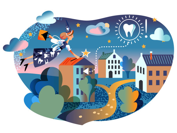 牙仙子幻想的人物飞过城市图片下载