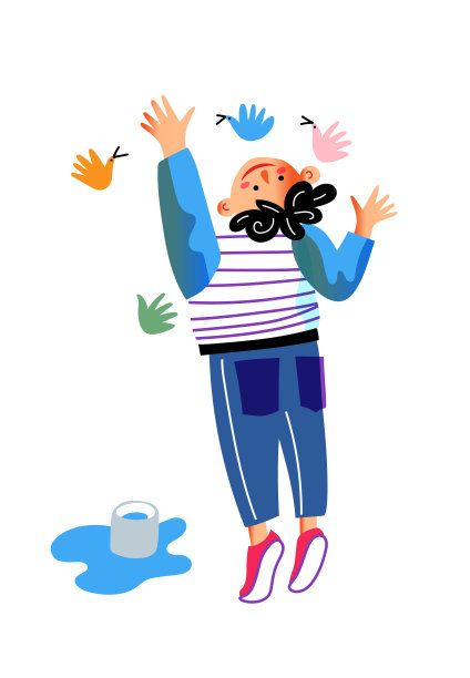 可爱的小男孩用手在白色的墙上画画图片下载