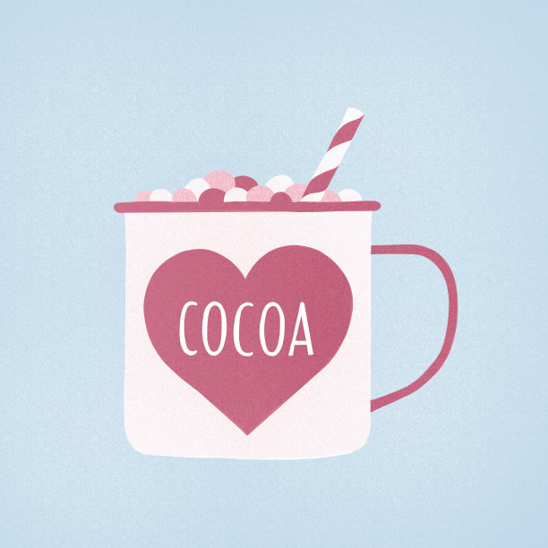 一杯带棉花糖的可可和一根淡粉色和蓝色调的吸管。图片下载