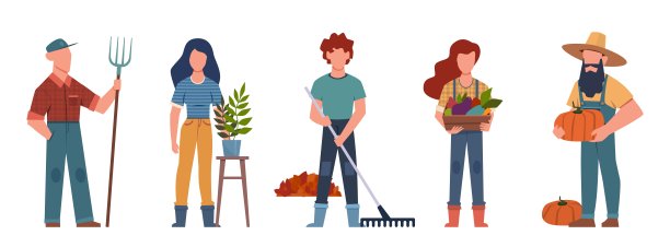 园丁。农业工人用园艺工具，季节性工作团队农民群体，向量特征图片下载