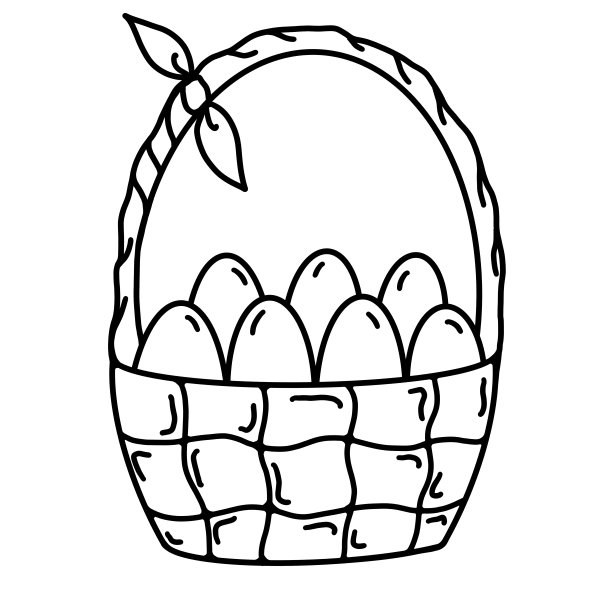 白色背景上有复活节彩蛋的柳条篮子。黑色和白色插图的一个大篮子与鸡蛋装饰蝴蝶结。图片下载