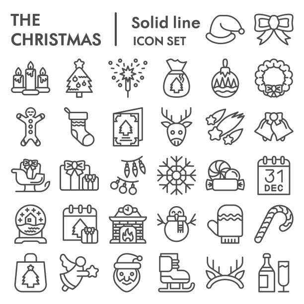 圣诞线图标集。冬季假日符号收集，矢量草图，标志插图，网页标志，轮廓风格象形图包移动概念和网页设计。矢量图形。图片下载