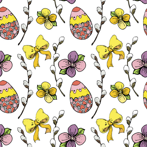 复古复活节手绘图案。无缝的春天图案与复活节彩蛋，弓，柳枝，花孤立在白色的背景。复活节的照片图片下载
