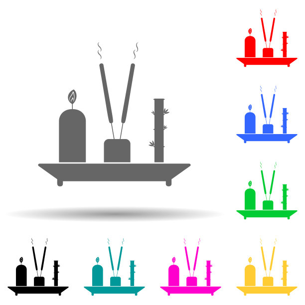 蜡烛、香棍和竹制多色风格的图标。简单的字形，平面矢量水疗图标的用户界面和用户体验，网站或移动应用程序图片下载