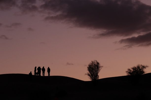 日落时分，人们站在沙丘上的戏剧性剪影图片下载