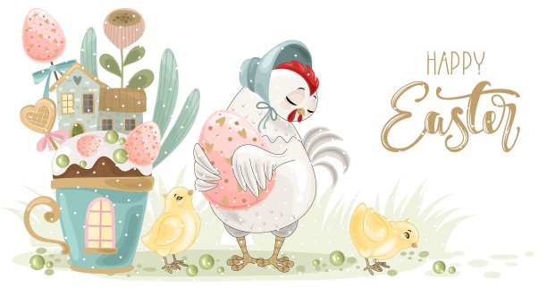 手绘“复活节快乐”短语的可爱复活节小鸡，复活节彩蛋、树叶枝条和鲜花，用于请柬和贺卡的画笔字图片下载