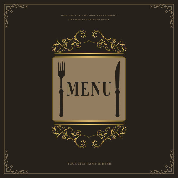 豪华餐厅菜单标识模板。餐具的剪影。优雅的绘画叉和刀。创意字母与铭文。咖啡馆、餐厅、酒吧的烹饪宣传册设计。矢量图图片下载