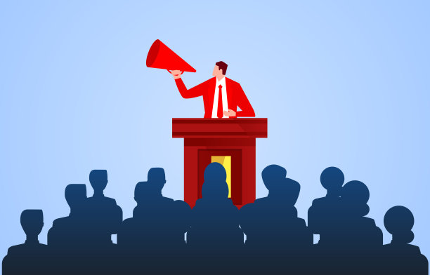 领导手持扩音器站在讲台上向群众演讲图片下载