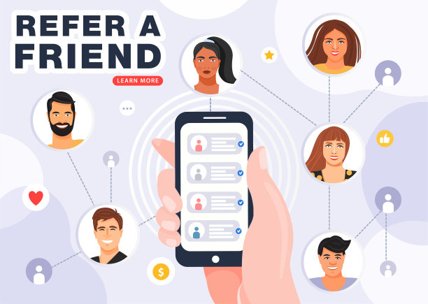 推荐计划横幅。手持手机与朋友的联系方式。推荐网络方案，其中包含人与人之间相互连接的头像。图片下载